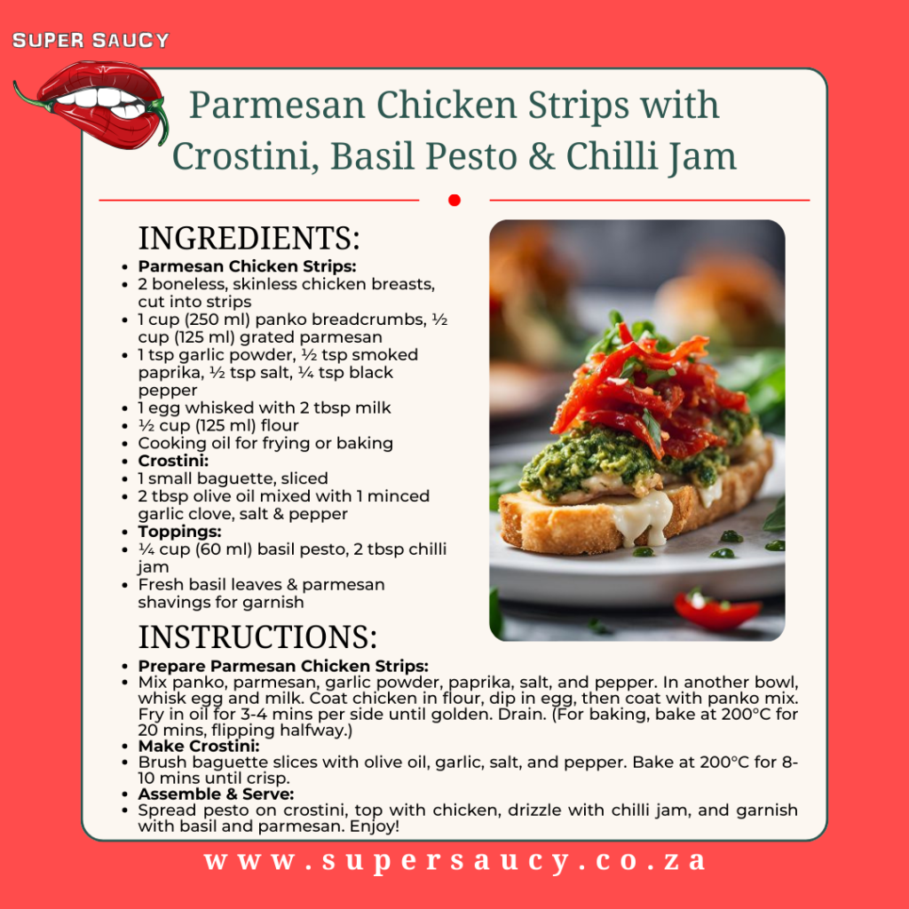 parmesan-chicken-strips-with-crostini-basil-pesto-and-chilli-jam